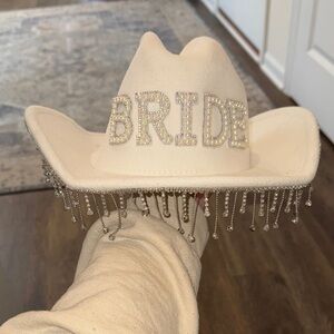 White Bride Cowboy Hat with Rhinestone Fringe